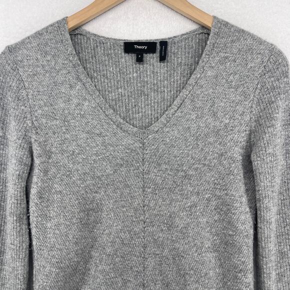 THEORY Sweater Womens Petite Cashmere V-Neck Ribbed Jumper Pullover Gray - Picture 4 of 12